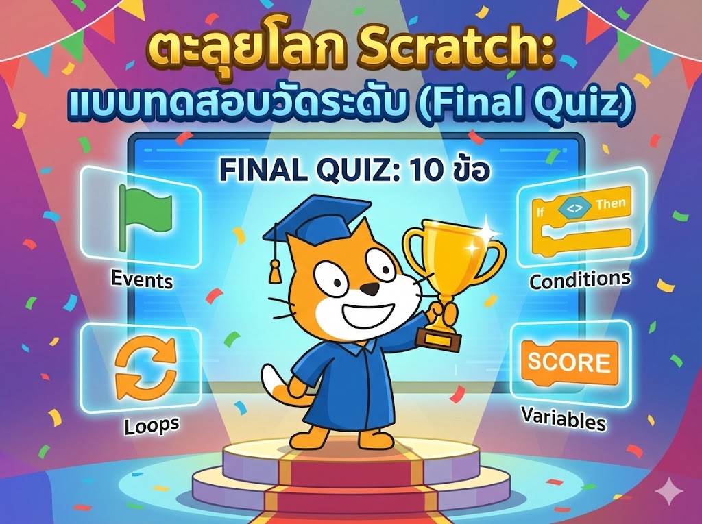 ตะลุยโลก Scratch: แบบทดสอบวัดระดับสุดยอดโปรแกรมเมอร์ (Final Quiz EP.1-5)