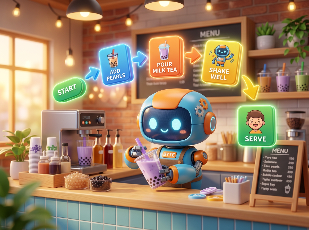 เกมผังงาน: หุ่นยนต์บาริสต้าคิวทอง (Robot Barista)
